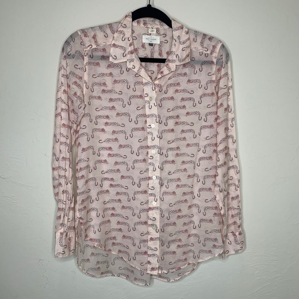 LOFT Light Pink Cotton Button Up Blouse Sz XS Cheetah Leopard Print - Picture 5 of 8